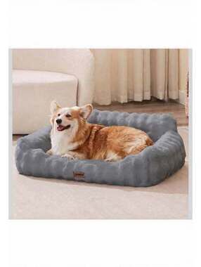 Large Orthopedic Dog Sofa Bed - Grey Fluffy Faux Fur, Washable - New in Box